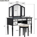 43" Dressing Table Set with Mirrored Drawers and Stool, Tri-fold Mirror, Makeup Vanity Set for Bedroom, Black