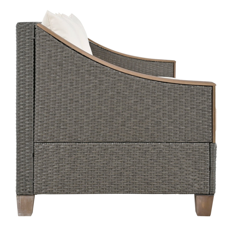 4-Piece Rattan Outdoor Conversation Sofa Set with Wooden Coffee Table and Cushions Seating 5 People for Patio, Garden and Backyard (Grey)