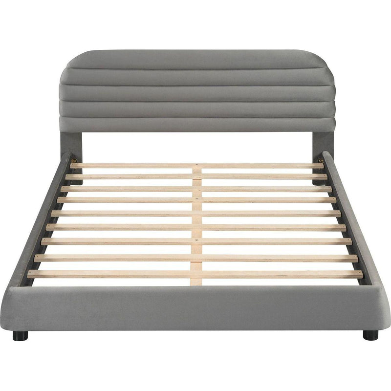 Queen Size Velvet Upholstered Platform Bed,Solid Frame and Stylish Curve-shaped Design, Gray
