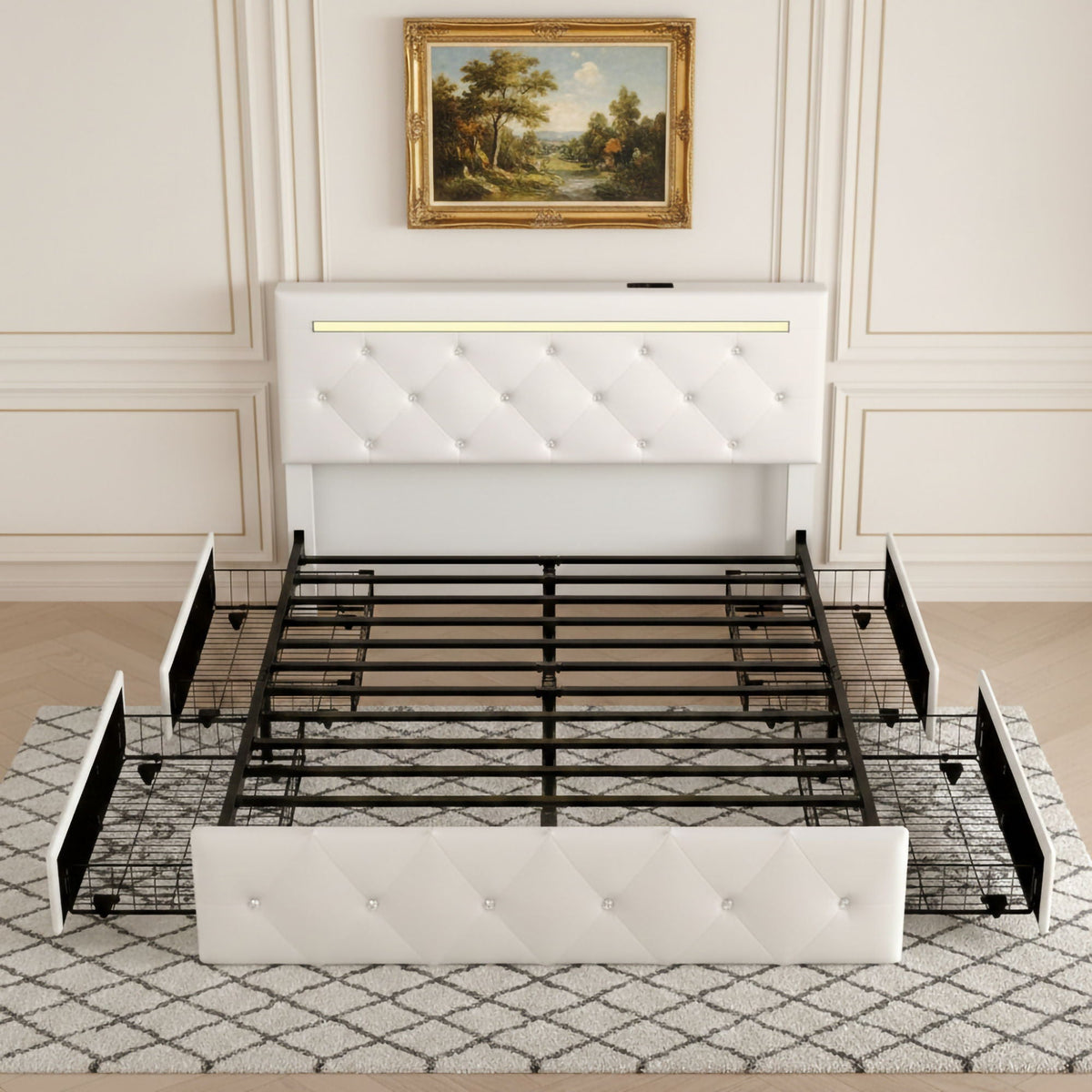 Upholstered Bed Frame With LED Lights, 4 Storage Drawers, Charging Station, photo 22 of 31
