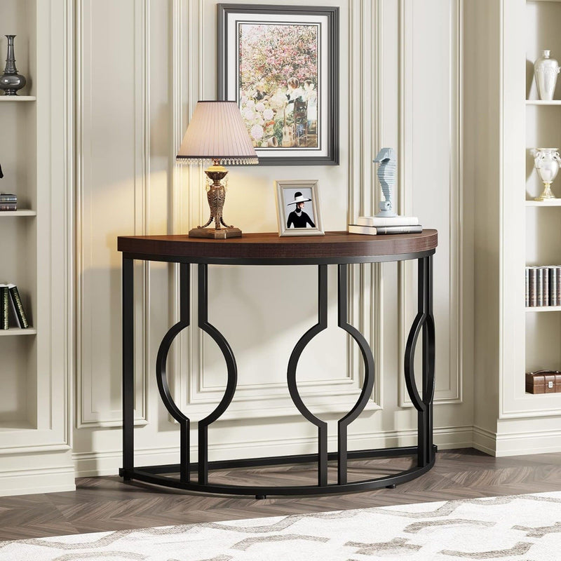 Semi Circle, Half Moon Console Table For Entryway With Geometric Base For Living Hallway - Rustic Brown, photo 3 of 4