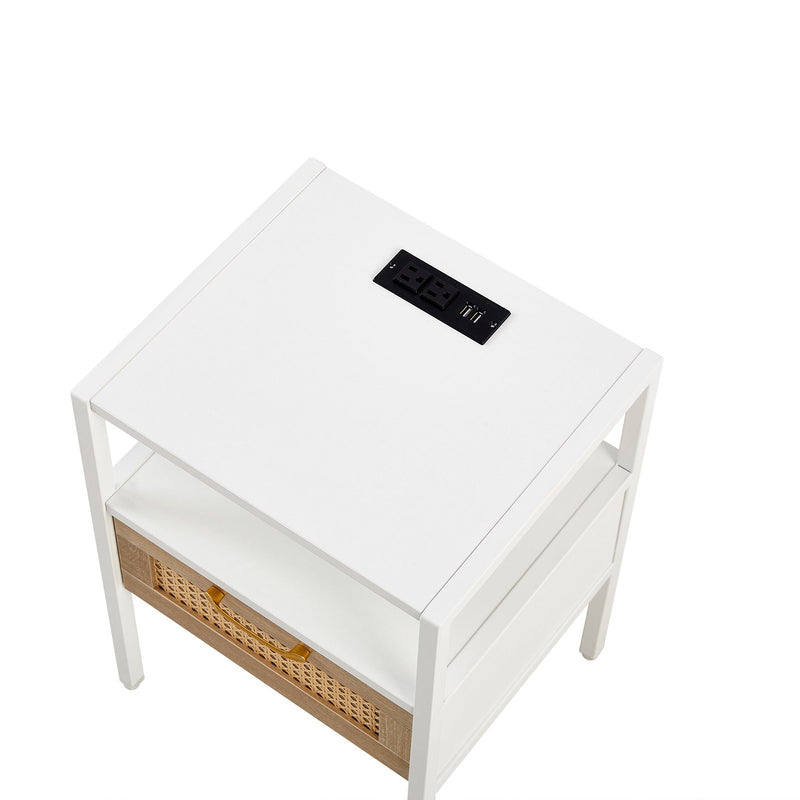 15.75" Rattan End table with Power Outlet & USB Ports, Modern nightstand with drawer and metal legs, side table for living room, bedroom,white(1 PC)