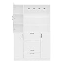 Entryway Bench With Integrated Shoe Cabinet, 3 In 1 Design And Mirrored Cabinet Door, Hall Tree With 4 Sturdy Hooks And Foldable Seat For Entrance, Living Room - White by HouseOfZazla