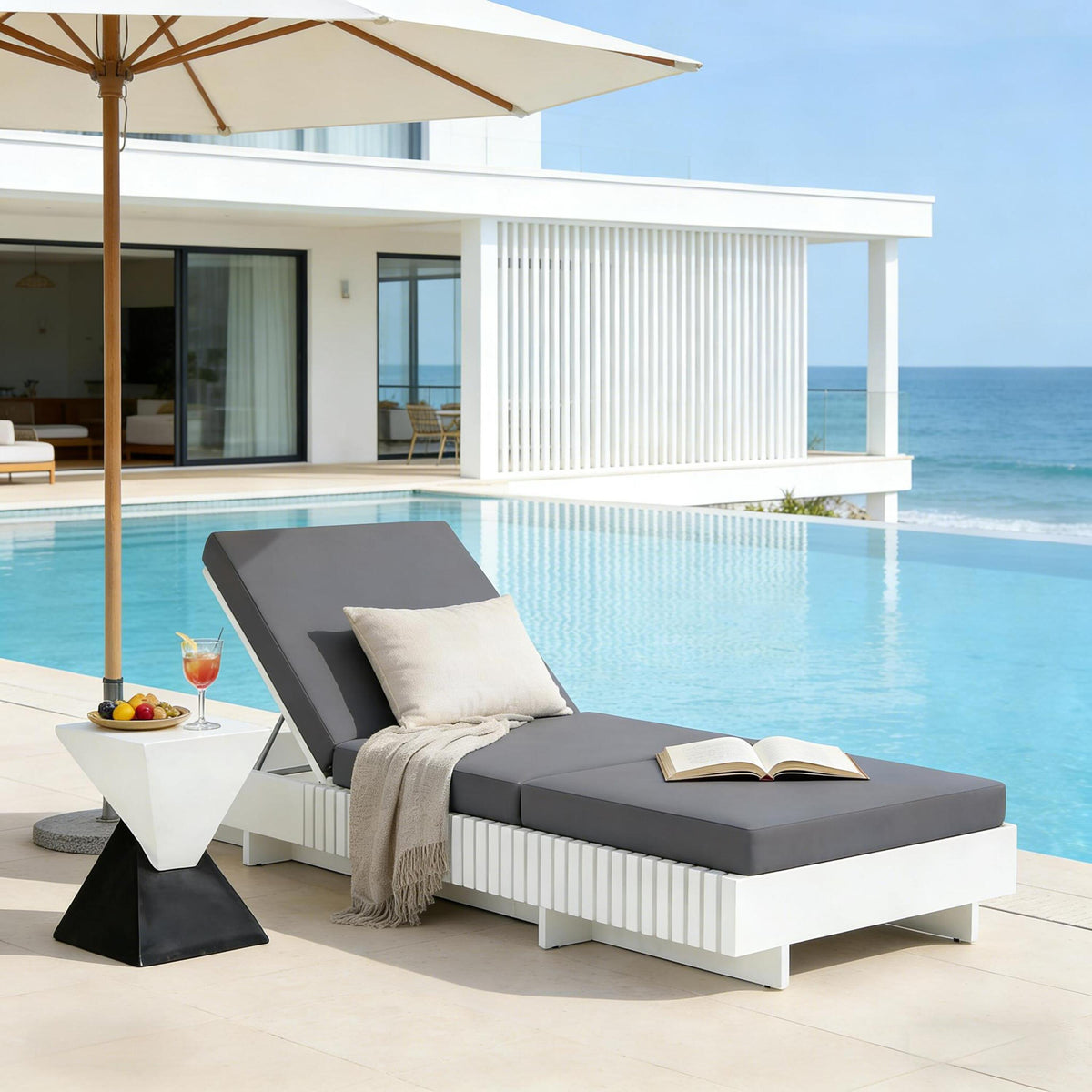 White Acacia Solid Wood Outdoor Chaise Lounge, photo 4 of 10