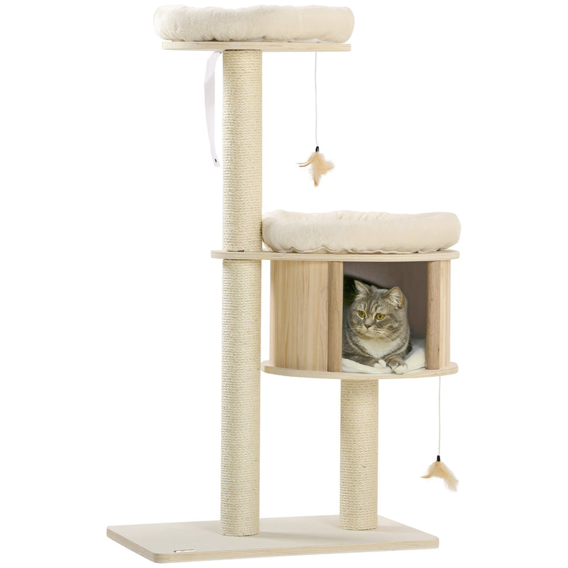 3-Level Cat Tree with Sisal Scratching Posts, Fun Cat Badminton Toy for Playing, Soft Cushions, & Play Areas