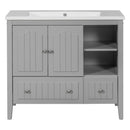 36" Bathroom Vanity with Ceramic Basin, Bathroom Storage Cabinet with Two Doors and Drawers, Solid Frame, Metal Handles, Grey