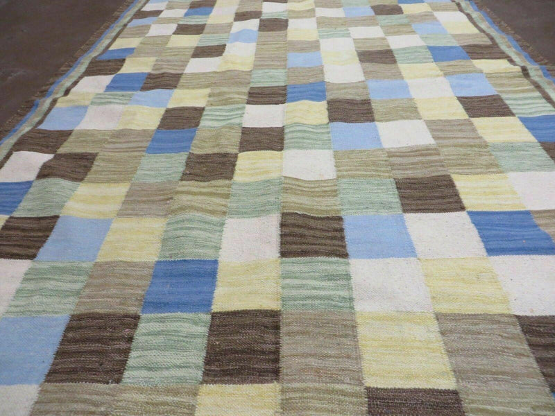5' X 8' Hand-knotted Kilim Dhurrie Wool Cotton Rug Flat Weave Carpet Checkered Pattern Colorful Multicolor