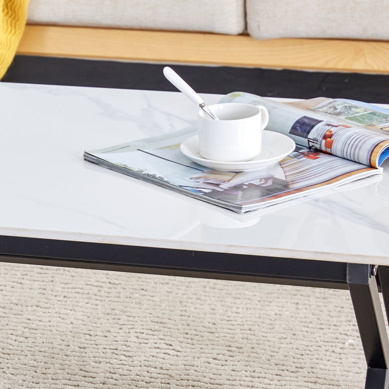 A modern minimalist style white marble patterned coffee table with black metal legs. Computer desk. Game table. Tea table. CT-XX