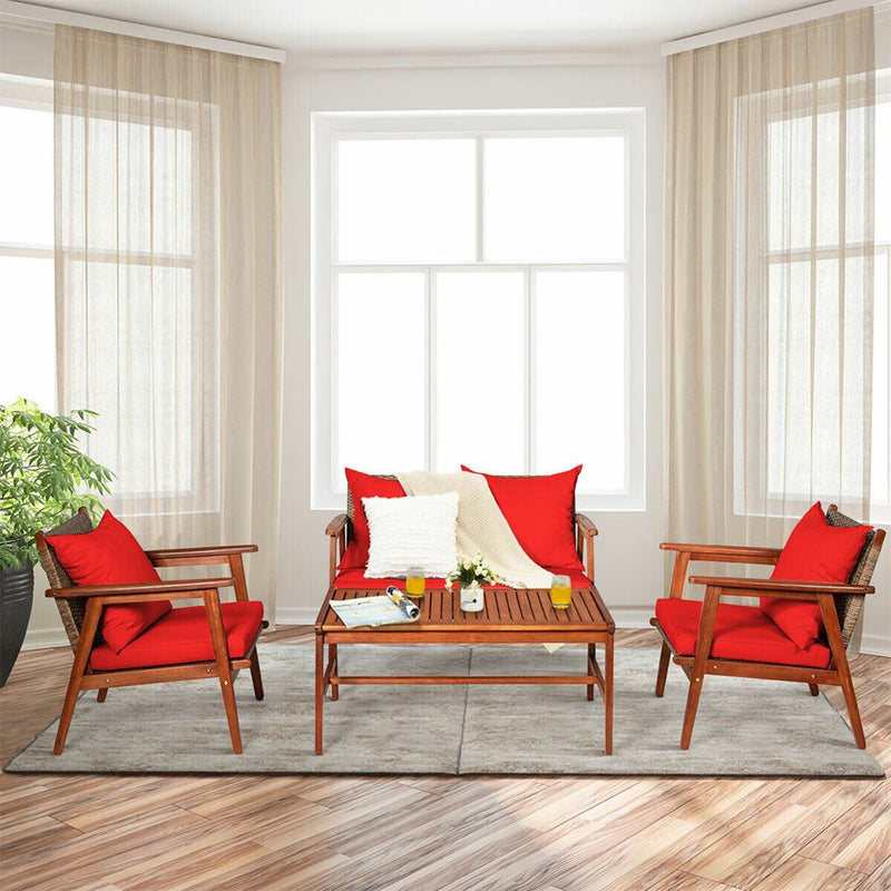 8PCS Patio Rattan Furniture Set With Acacia Wood Frame & Cushioned Sofa Chairs (97415280)