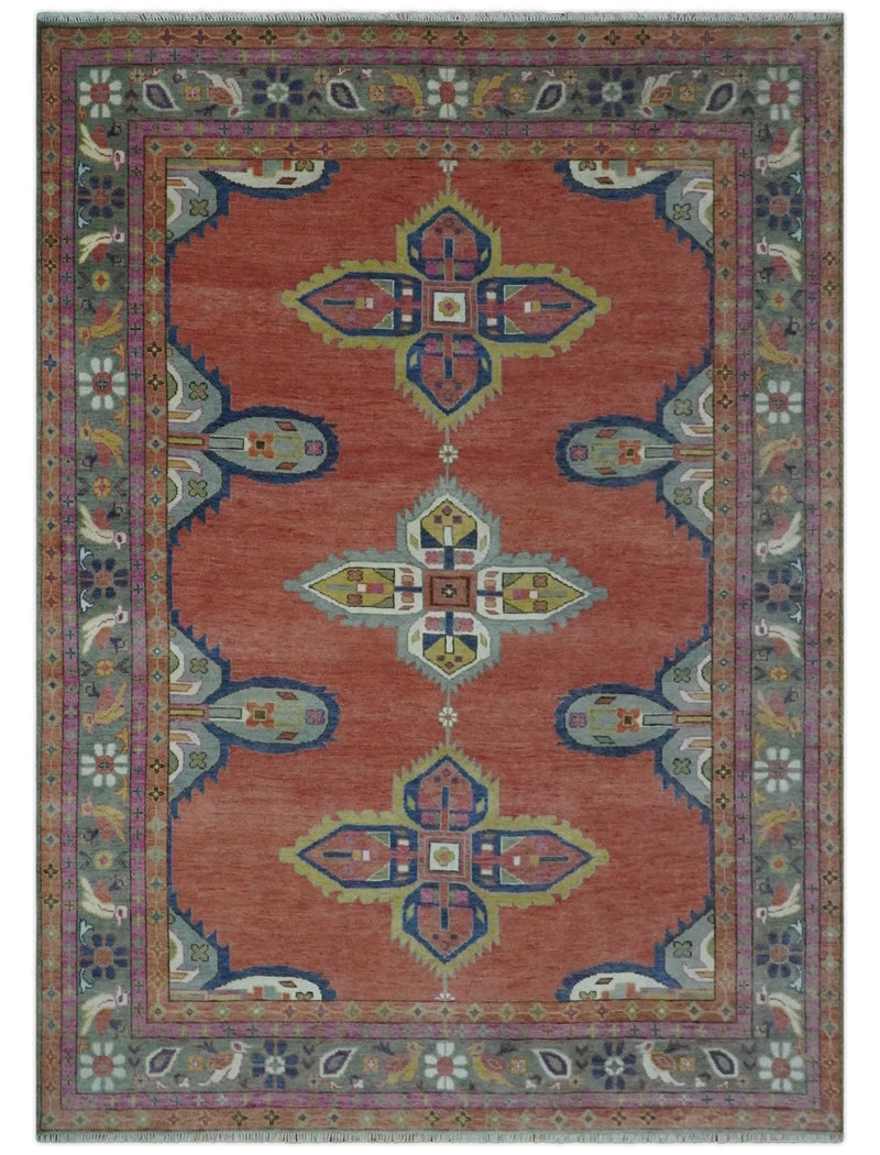 8x10, 9.5x12 and 10x14 Hand Knotted Dark Peach and Silver Traditional Wool Rug