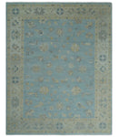 Hand Knotted Wool Area Rug Turkish Oushak Aqua Beige Ivory Floral