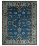 Blue Rust Aqua Oushak Wool Area Rug - Hand Knotted Floral 5x8