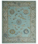 Hand Knotted Aqua, Beige and Ivory Traditional Oushak Wool Rug