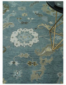 Hand-Knotted Wool Area Rug Blue and Beige Traditional Oushak Design by The Rug Decor