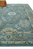 Hand-Knotted Wool Area Rug Blue and Beige Traditional Oushak Design by The Rug Decor