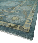 Hand-Knotted Wool Area Rug Blue and Beige Traditional Oushak Design by The Rug Decor