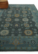 Wool Area Rug Hand Knotted Charcoal and Aqua Traditional Oushak