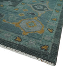 Wool Area Rug Hand Knotted Charcoal and Aqua Traditional Oushak