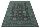 Wool Area Rug Hand Knotted Charcoal and Aqua Traditional Oushak