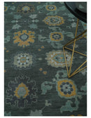Wool Area Rug Hand Knotted Charcoal and Aqua Traditional Oushak
