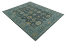 Wool Area Rug Hand Knotted Charcoal and Aqua Traditional Oushak
