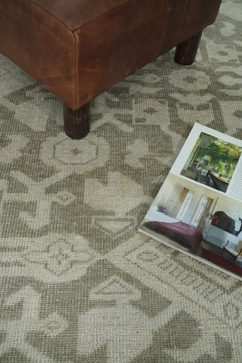 8x10, 9x12 and 10x14 Brown and Beige Hand Knotted Wool Low Pile Vintage Area Rug | AIN3