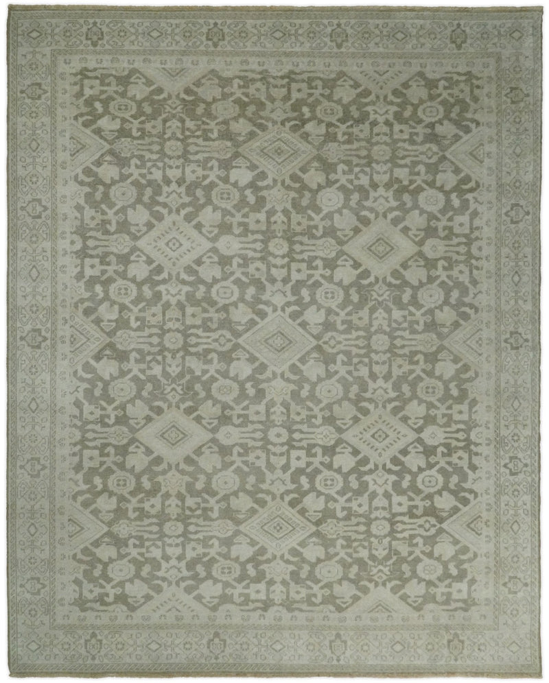 8x10, 9x12 and 10x14 Brown and Beige Hand Knotted Wool Low Pile Vintage Area Rug | AIN3