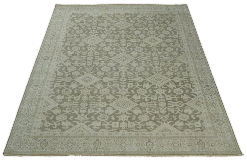 8x10, 9x12 and 10x14 Brown and Beige Hand Knotted Wool Low Pile Vintage Area Rug | AIN3