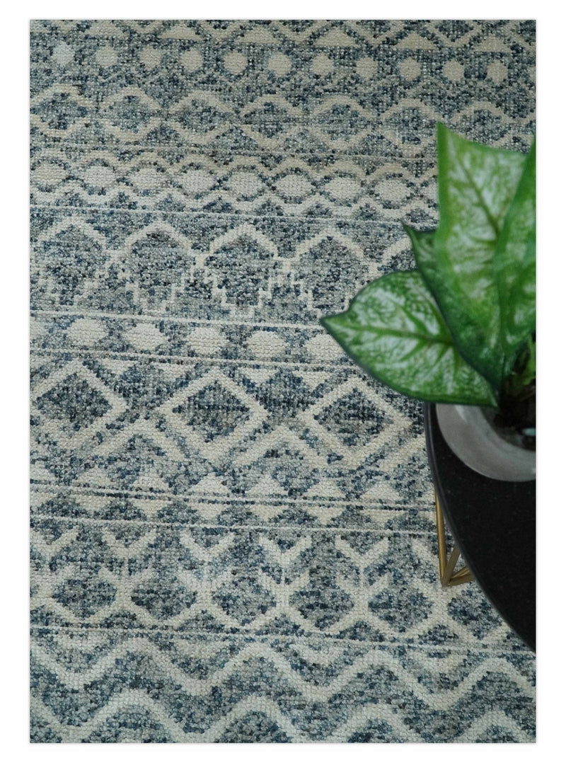 8x10, 9x12 and 10x14 Hand Knotted Blue, Beige and Camel Modern Contemporary Southwestern Tribal Trellis Recycled Silk Area Rug | OP13