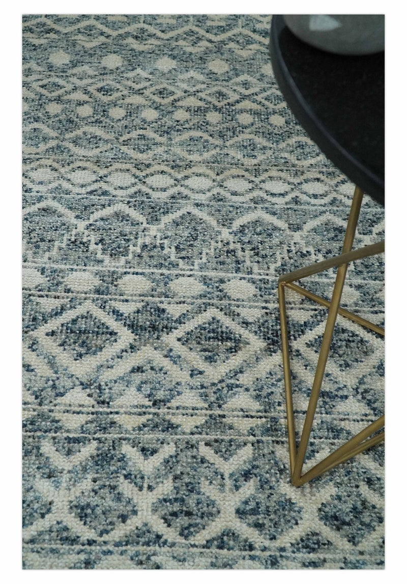 8x10, 9x12 and 10x14 Hand Knotted Blue, Beige and Camel Modern Contemporary Southwestern Tribal Trellis Recycled Silk Area Rug | OP13