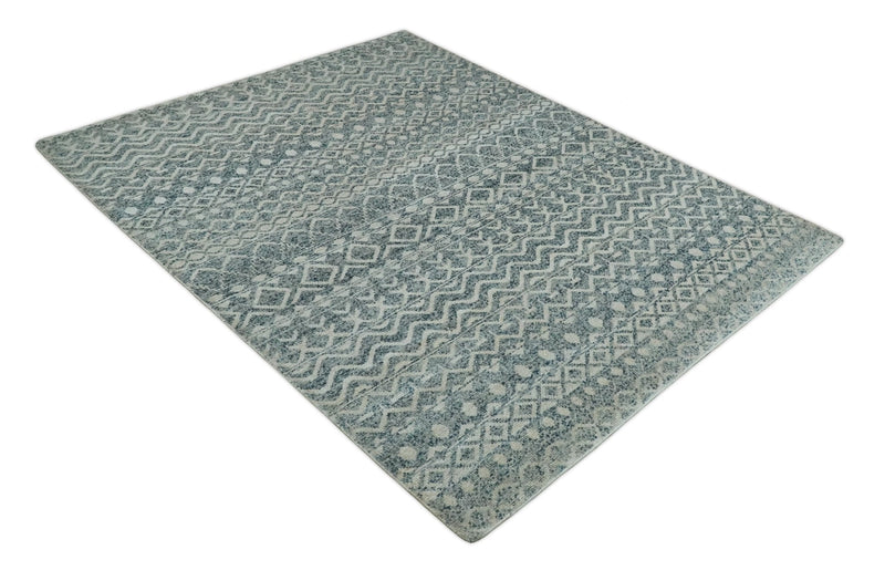 8x10, 9x12 and 10x14 Hand Knotted Blue, Beige and Camel Modern Contemporary Southwestern Tribal Trellis Recycled Silk Area Rug | OP13