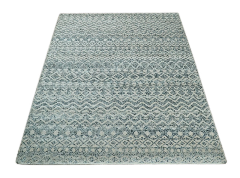 8x10, 9x12 and 10x14 Hand Knotted Blue, Beige and Camel Modern Contemporary Southwestern Tribal Trellis Recycled Silk Area Rug | OP13