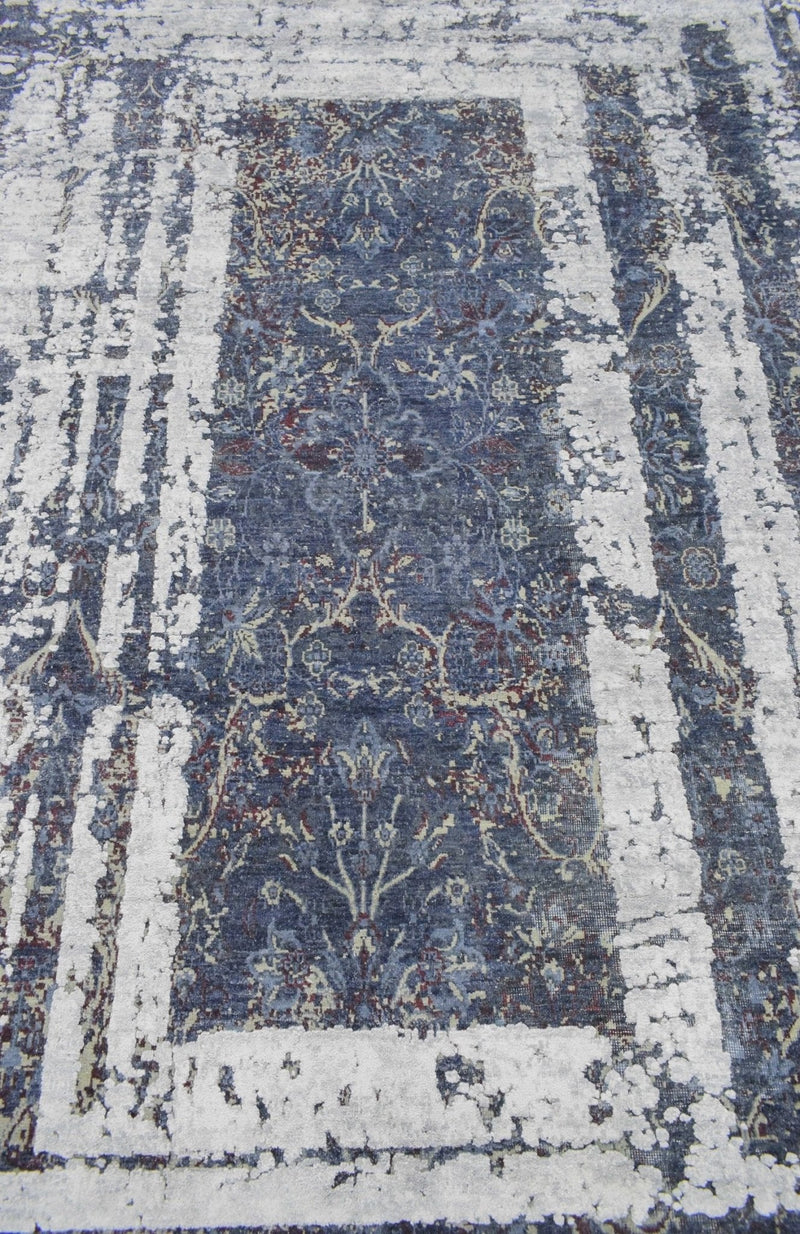 8x10 Luxury Blue Real Silk and Wool Abstract Design Handmade Area Rug