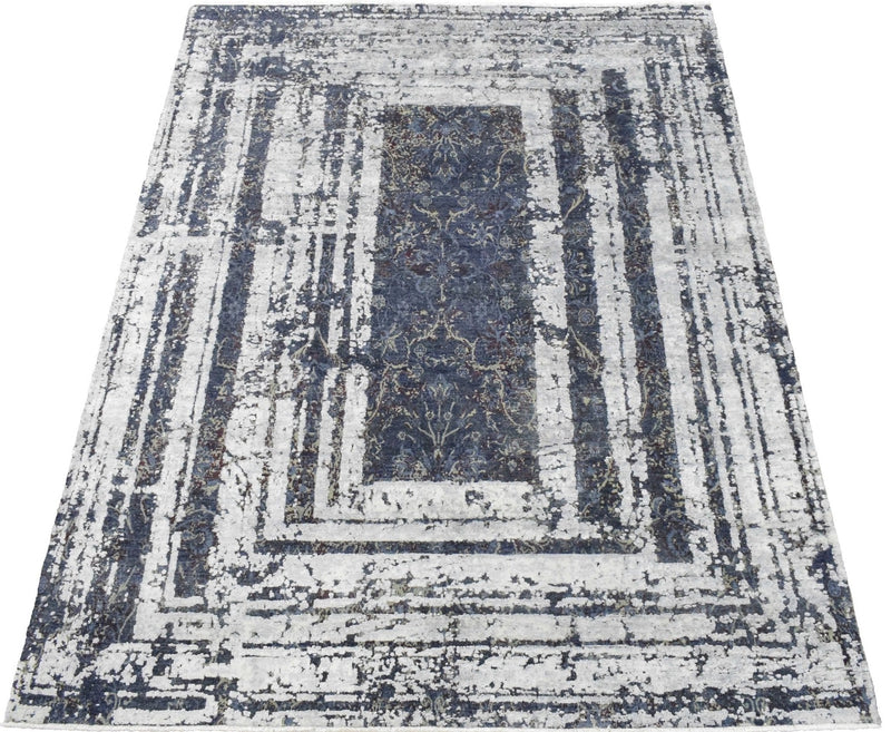 8x10 Luxury Blue Real Silk and Wool Abstract Design Handmade Area Rug