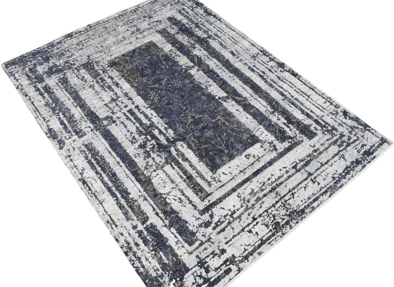 8x10 Luxury Blue Real Silk and Wool Abstract Design Handmade Area Rug