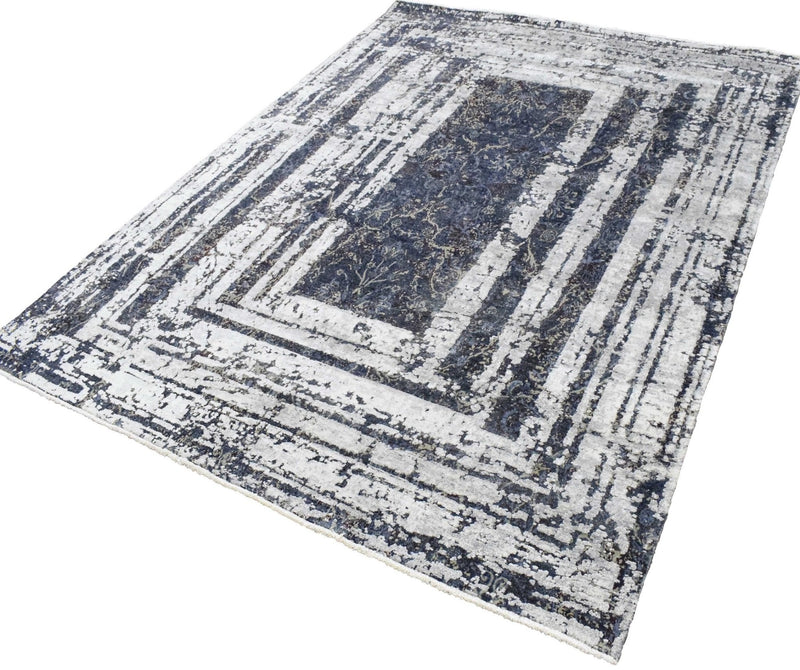 8x10 Luxury Blue Real Silk and Wool Abstract Design Handmade Area Rug