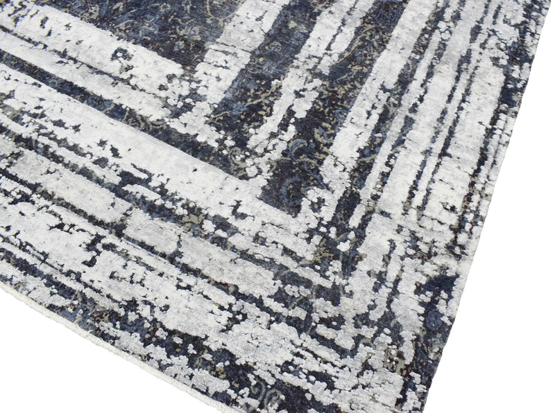 8x10 Luxury Blue Real Silk and Wool Abstract Design Handmade Area Rug