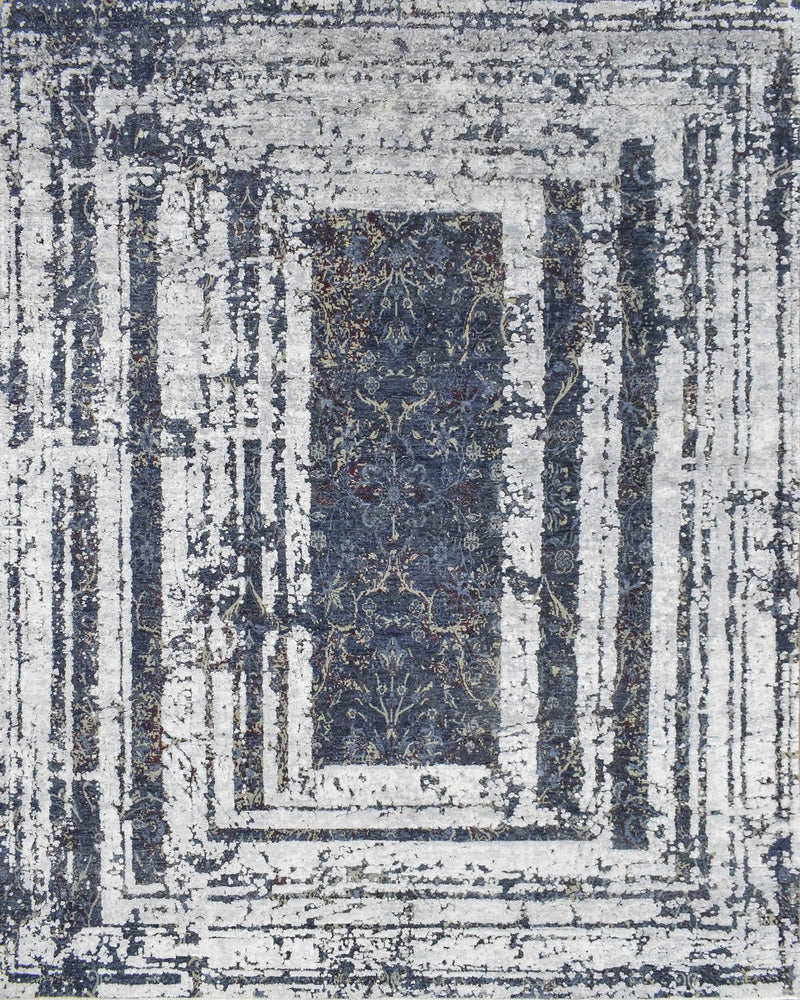 8x10 Luxury Blue Real Silk and Wool Abstract Design Handmade Area Rug