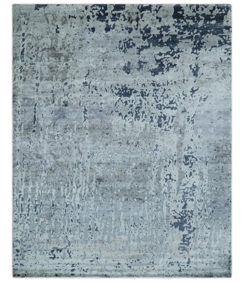 8x10 Abstract Pattern Hand knotted Silver and Blue modern Bamboo Silk Area Rug