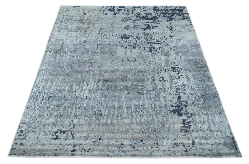 8x10 Abstract Pattern Hand knotted Silver and Blue modern Bamboo Silk Area Rug