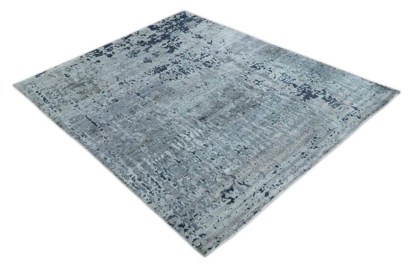 8x10 Abstract Pattern Hand knotted Silver and Blue modern Bamboo Silk Area Rug