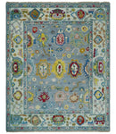 Blue and Ivory Oushak Wool Area Rug Hand Knotted Turkish Design by The Rug Decor