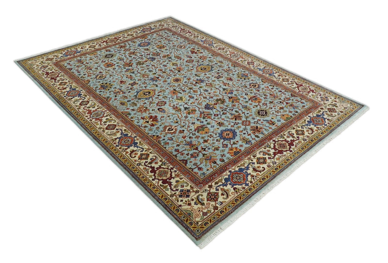 8x10 and 9x12 Fine Hand Knotted Blue and Ivory Traditional Vintage Antique Persian Wool Rug | TRDCP853