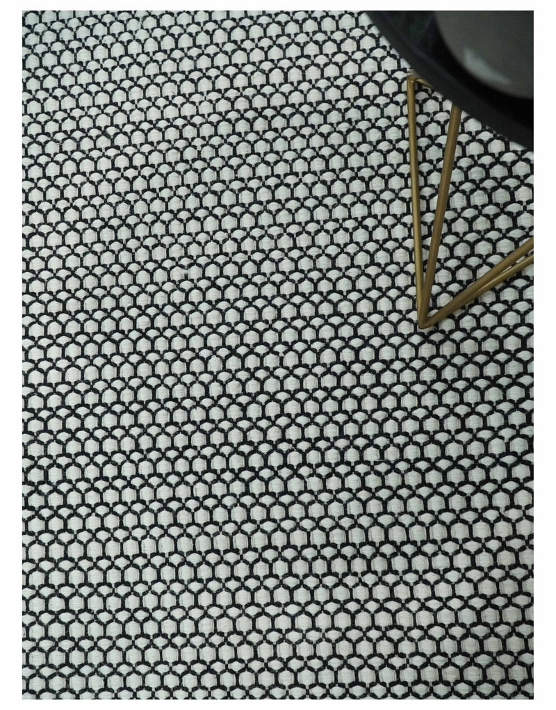 8x10 and 9x12 Flatwoven Dhurrie Modern Checkered Black and Ivory Wool Area Rug, Layering Rug | TRDCP831