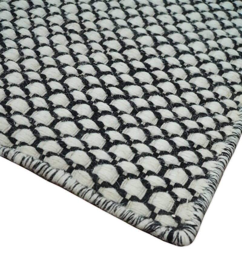 8x10 and 9x12 Flatwoven Dhurrie Modern Checkered Black and Ivory Wool Area Rug, Layering Rug | TRDCP831