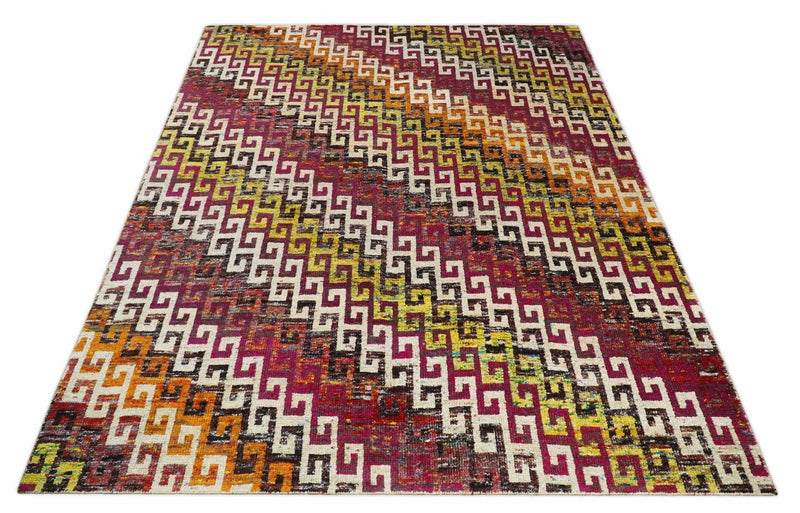 8x10 and 9x12 Hand Knotted Multicolor Modern Contemporary Southwestern Tribal Trellis Recycled Silk Area Rug | OP9