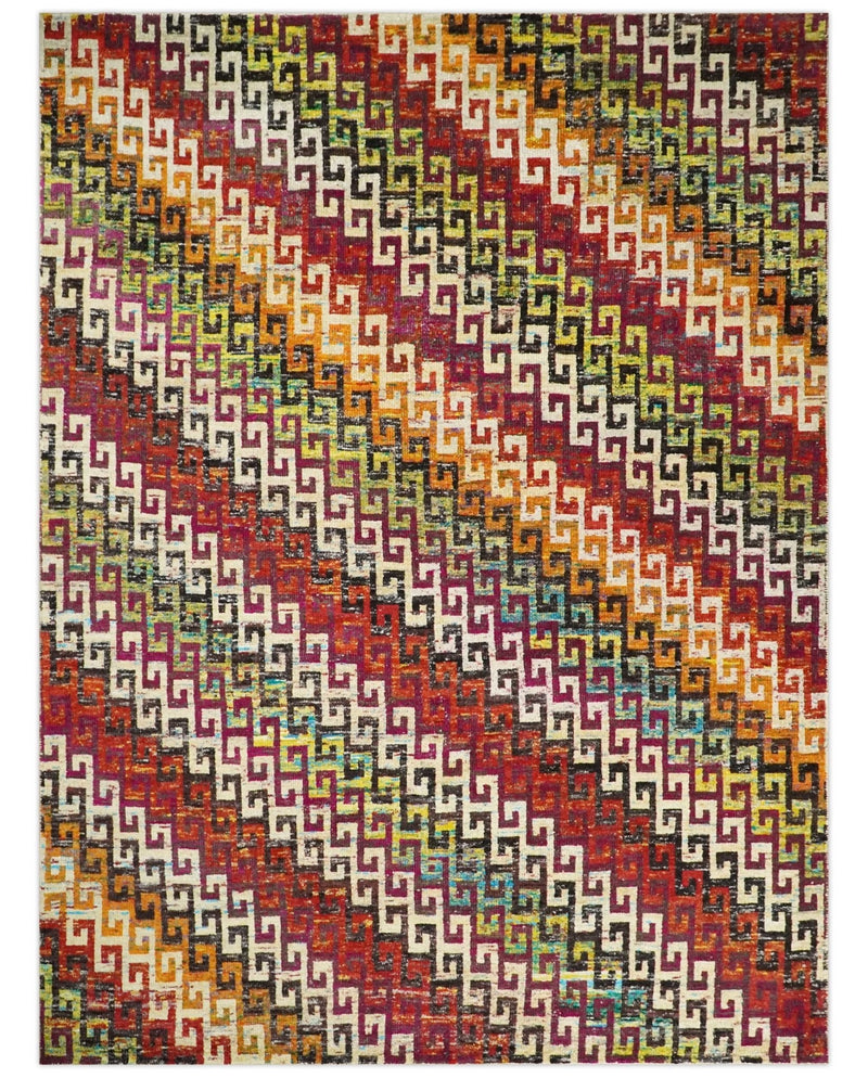 8x10 and 9x12 Hand Knotted Multicolor Modern Contemporary Southwestern Tribal Trellis Recycled Silk Area Rug | OP9