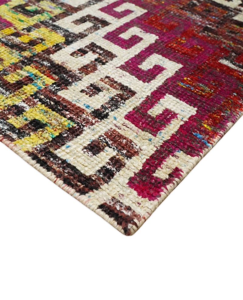 8x10 and 9x12 Hand Knotted Multicolor Modern Contemporary Southwestern Tribal Trellis Recycled Silk Area Rug | OP9