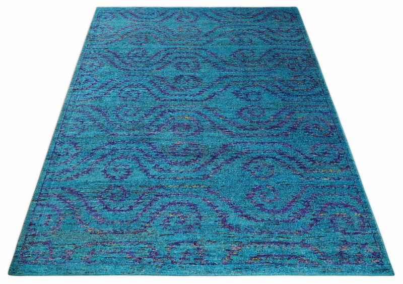 8x10 and 9x12 Hand Knotted Teal Blue and Violet Modern Contemporary Southwestern Tribal Trellis Recycled Silk Area Rug | OP10