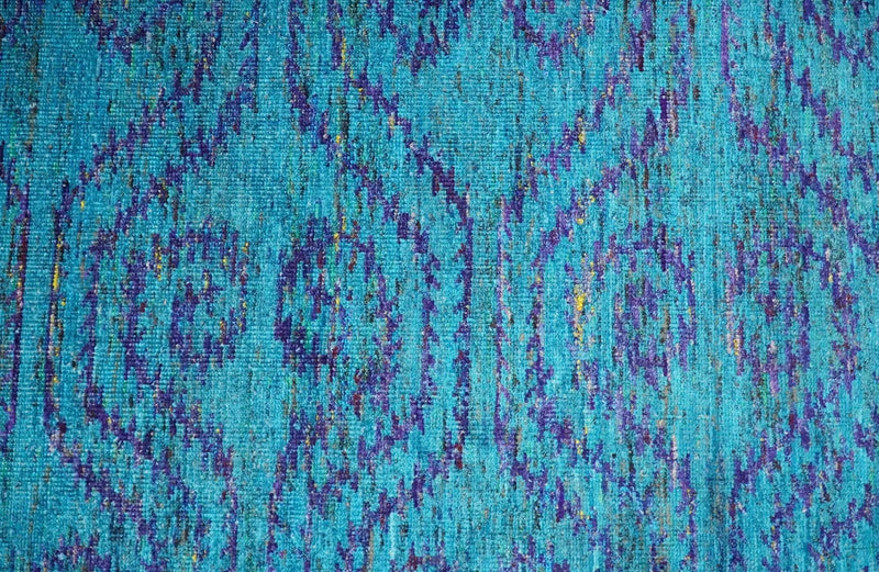 8x10 and 9x12 Hand Knotted Teal Blue and Violet Modern Contemporary Southwestern Tribal Trellis Recycled Silk Area Rug | OP10